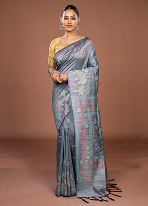 Blue Dupion Silk Saree With Blouse Piece