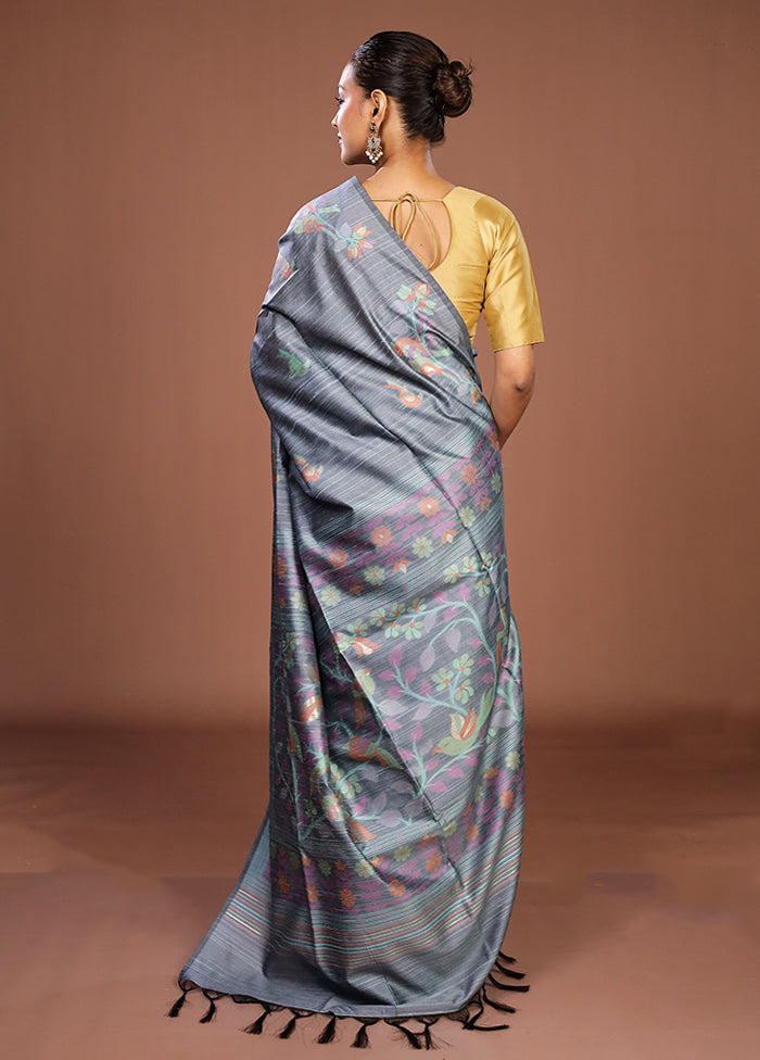 Blue Dupion Silk Saree With Blouse Piece