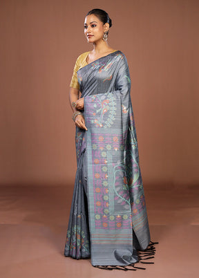 Blue Dupion Silk Saree With Blouse Piece