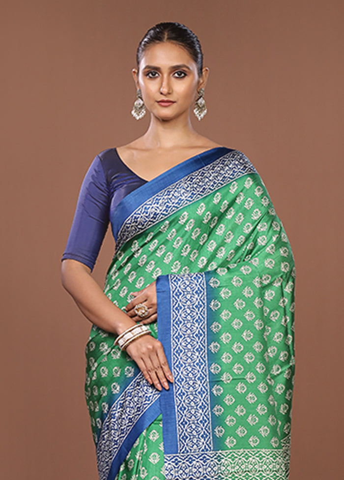 Green Chanderi Cotton Saree With Blouse Piece