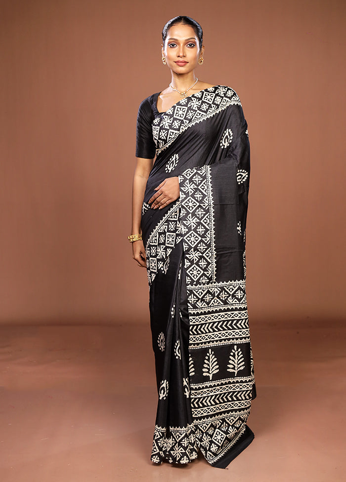 Black Chanderi Cotton Saree With Blouse Piece