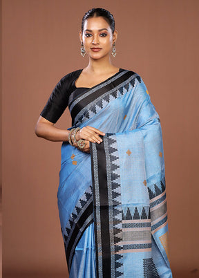 Blue Handloom Tussar Pure Silk Saree With Blouse Piece