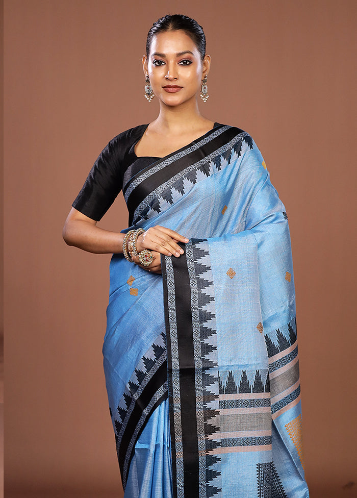 Blue Handloom Tussar Pure Silk Saree With Blouse Piece