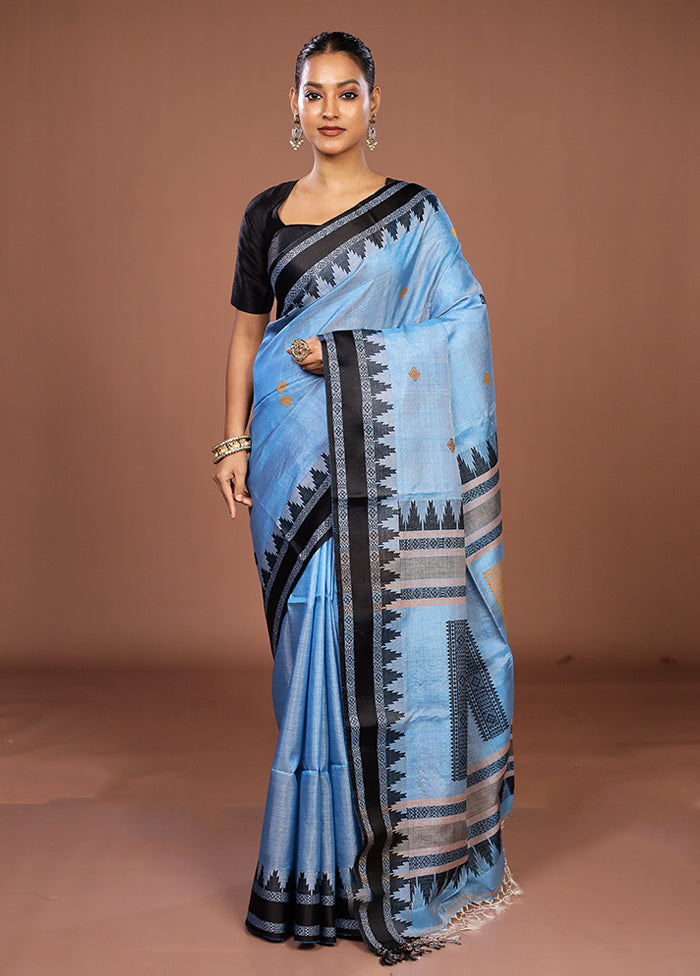 Blue Handloom Tussar Pure Silk Saree With Blouse Piece