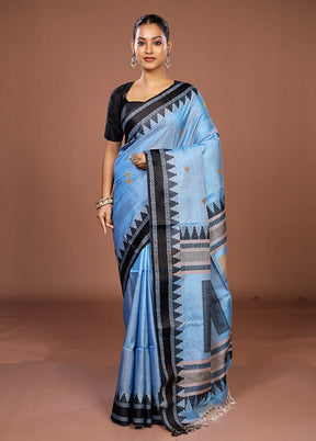 Blue Handloom Tussar Pure Silk Saree With Blouse Piece