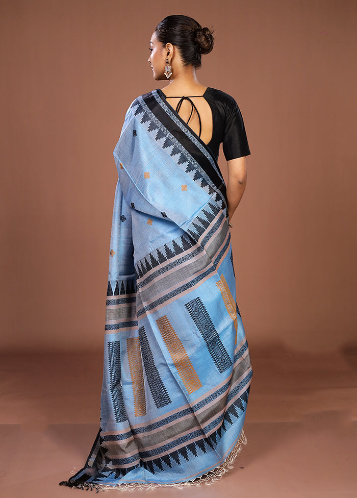 Blue Handloom Tussar Pure Silk Saree With Blouse Piece