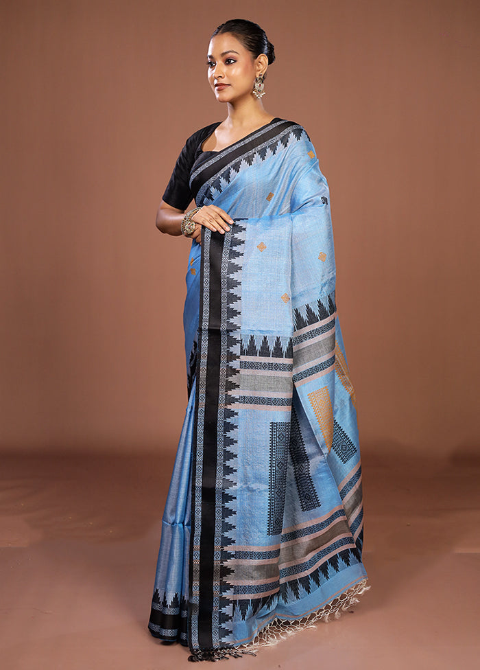 Blue Handloom Tussar Pure Silk Saree With Blouse Piece