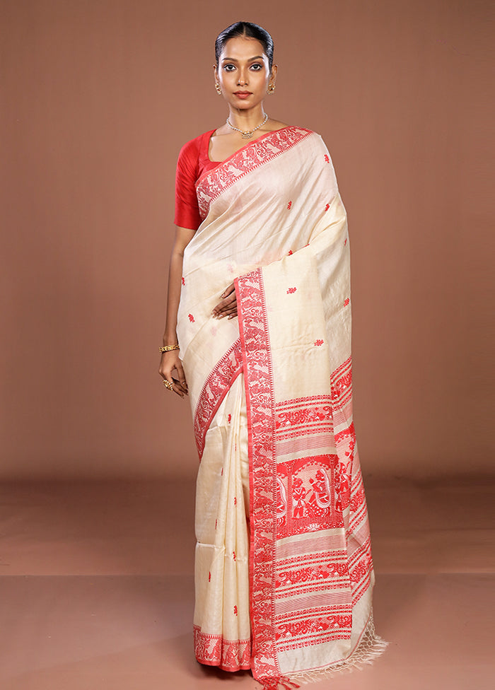 Cream Handloom Tussar Pure Silk Saree With Blouse Piece