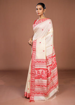 Cream Handloom Tussar Pure Silk Saree With Blouse Piece