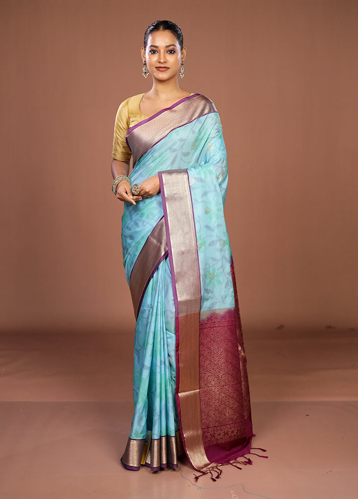 Blue Kanjivaram Silk Saree With Blouse Piece