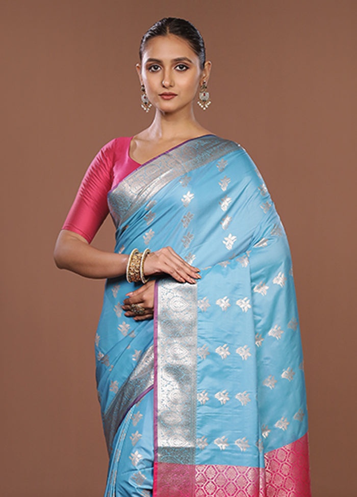 Blue Kanjivaram Silk Saree With Blouse Piece