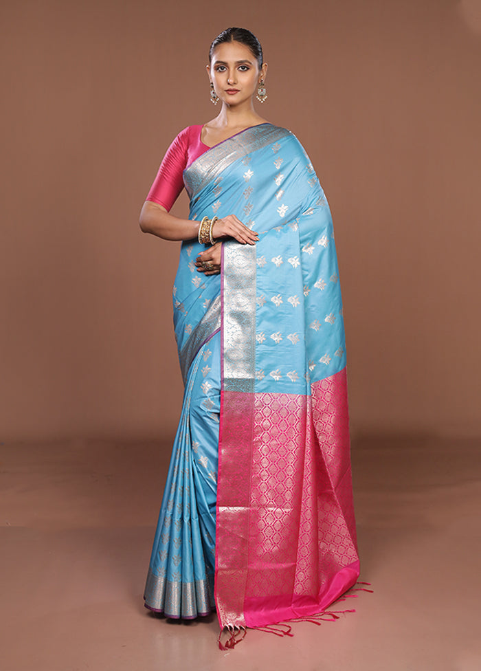 Blue Kanjivaram Silk Saree With Blouse Piece