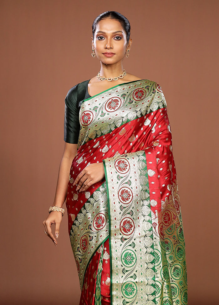Red Banarasi Silk Saree With Blouse Piece