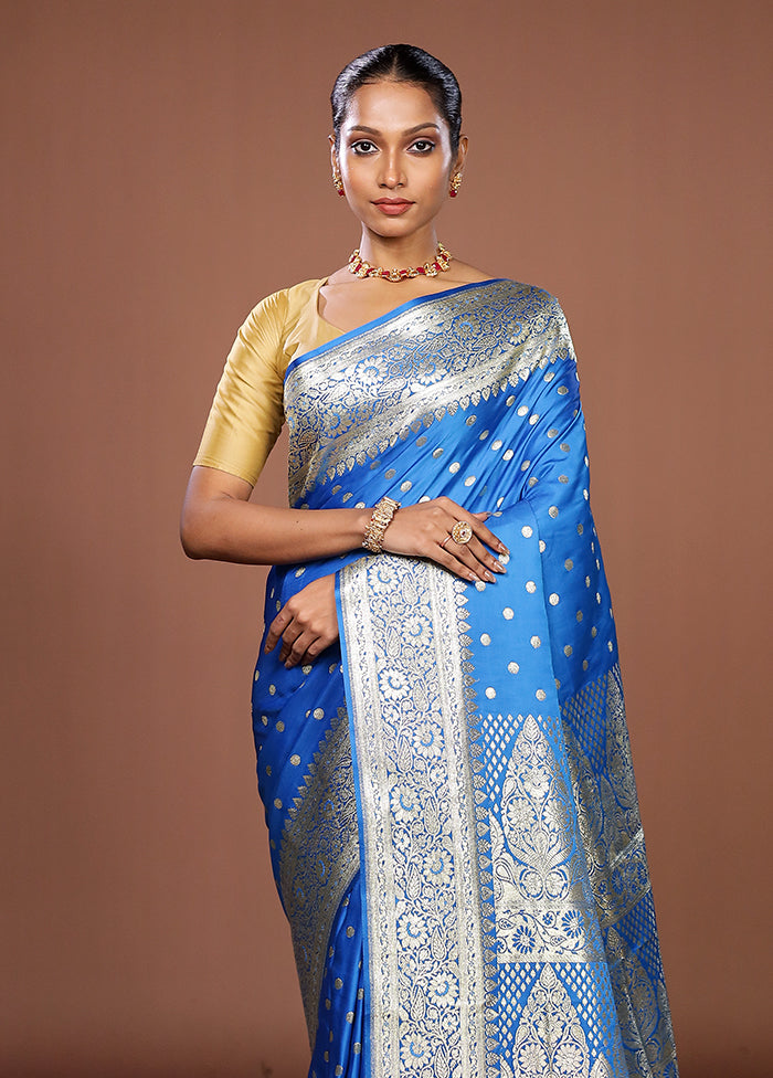 Blue Banarasi Silk Saree With Blouse Piece