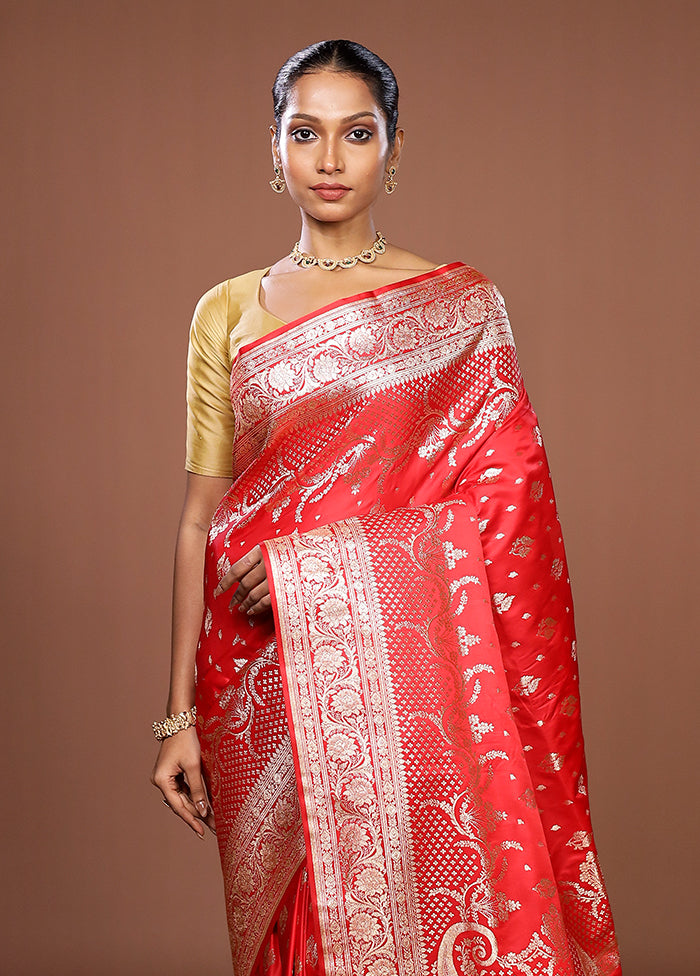 Red Banarasi Silk Saree With Blouse Piece