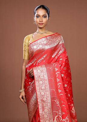 Red Banarasi Silk Saree With Blouse Piece