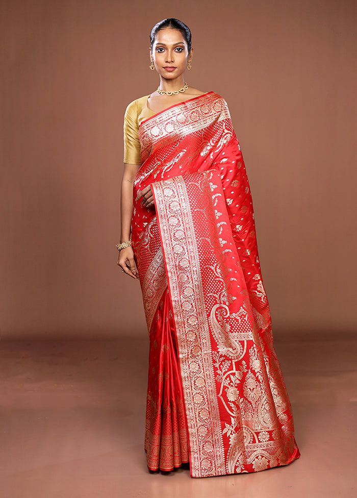 Red Banarasi Silk Saree With Blouse Piece