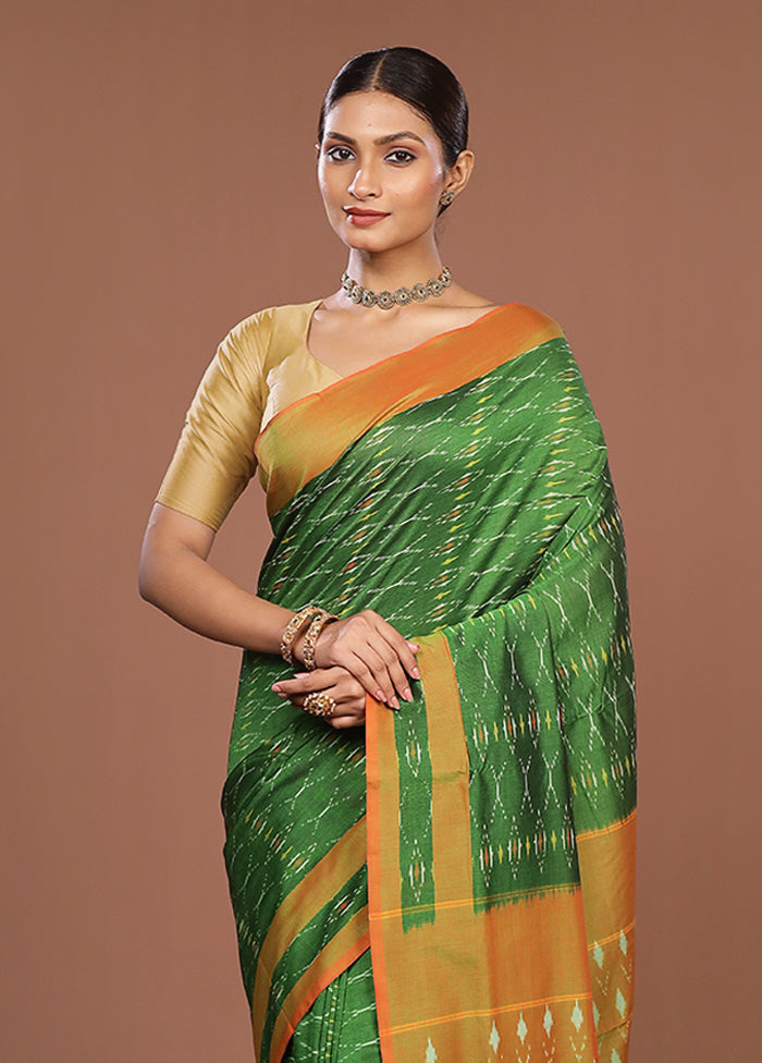 Green Ikkat Silk Saree With Blouse Piece