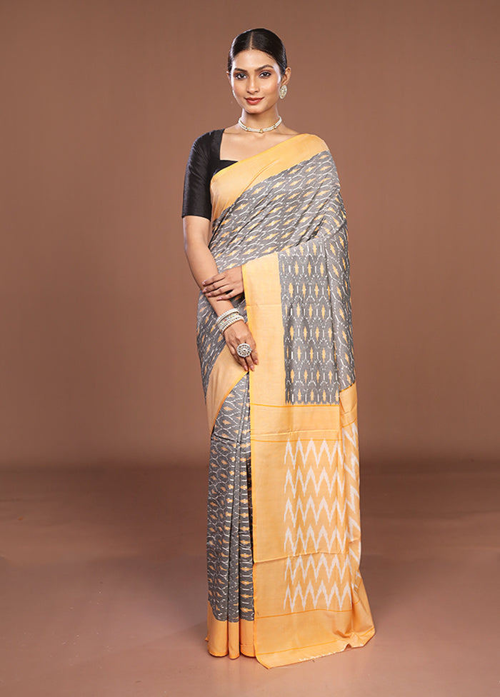 Grey Ikkat Silk Saree With Blouse Piece