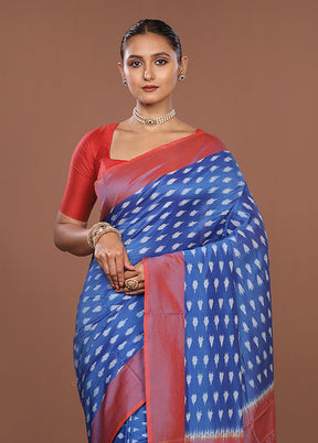 Blue Ikkat Silk Saree With Blouse Piece