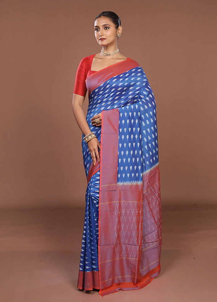Blue Ikkat Silk Saree With Blouse Piece