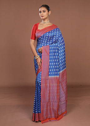 Blue Ikkat Silk Saree With Blouse Piece