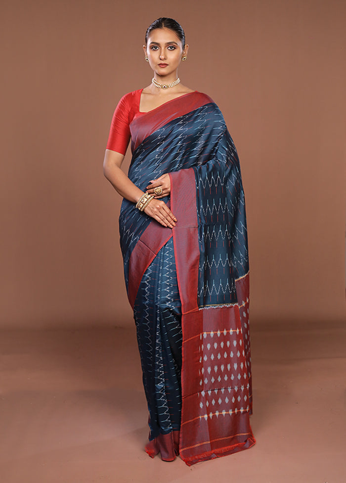 Blue Ikkat Silk Saree With Blouse Piece