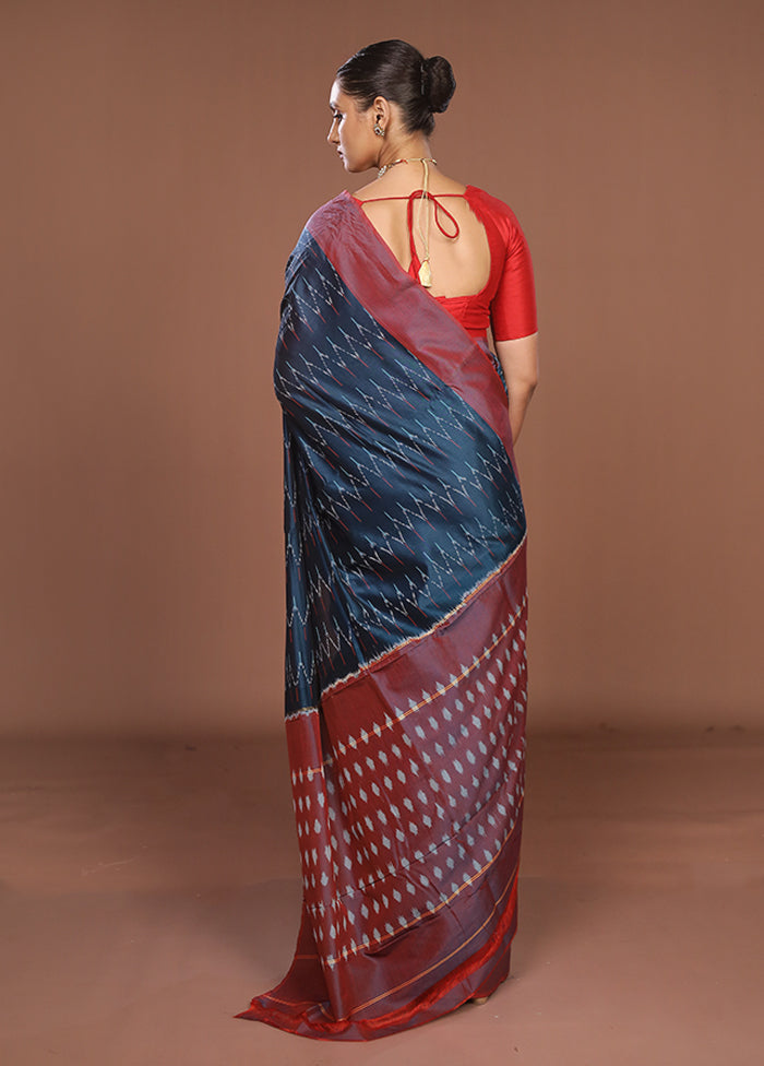 Blue Ikkat Silk Saree With Blouse Piece