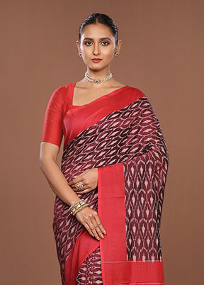 Maroon Ikkat Cotton Saree Without Blouse Piece