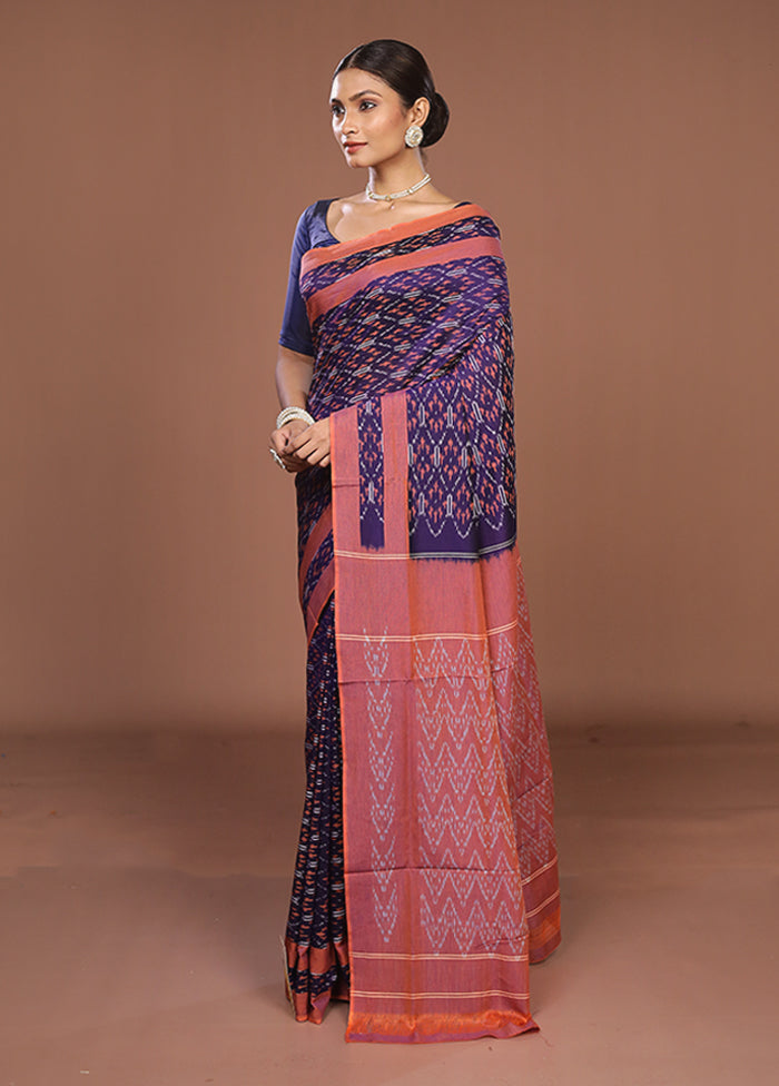 Blue Ikkat Silk Saree With Blouse Piece