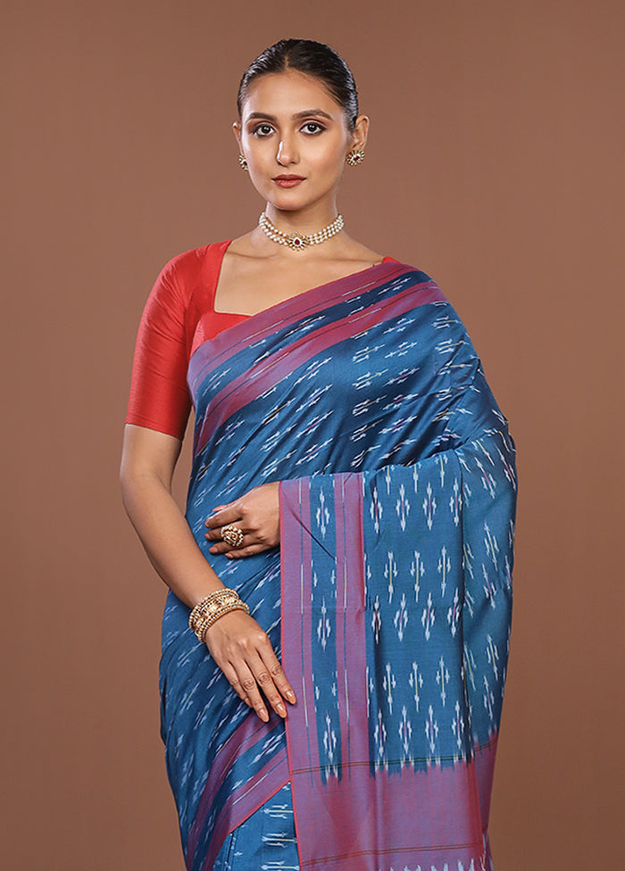 Blue Ikkat Silk Saree With Blouse Piece