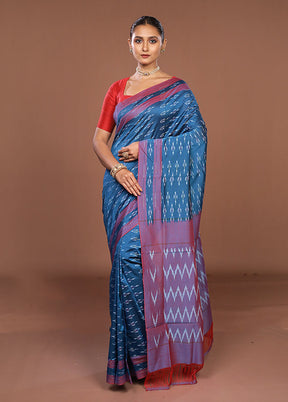 Blue Ikkat Silk Saree With Blouse Piece