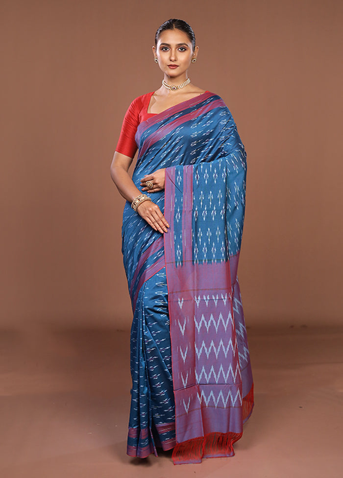 Blue Ikkat Silk Saree With Blouse Piece