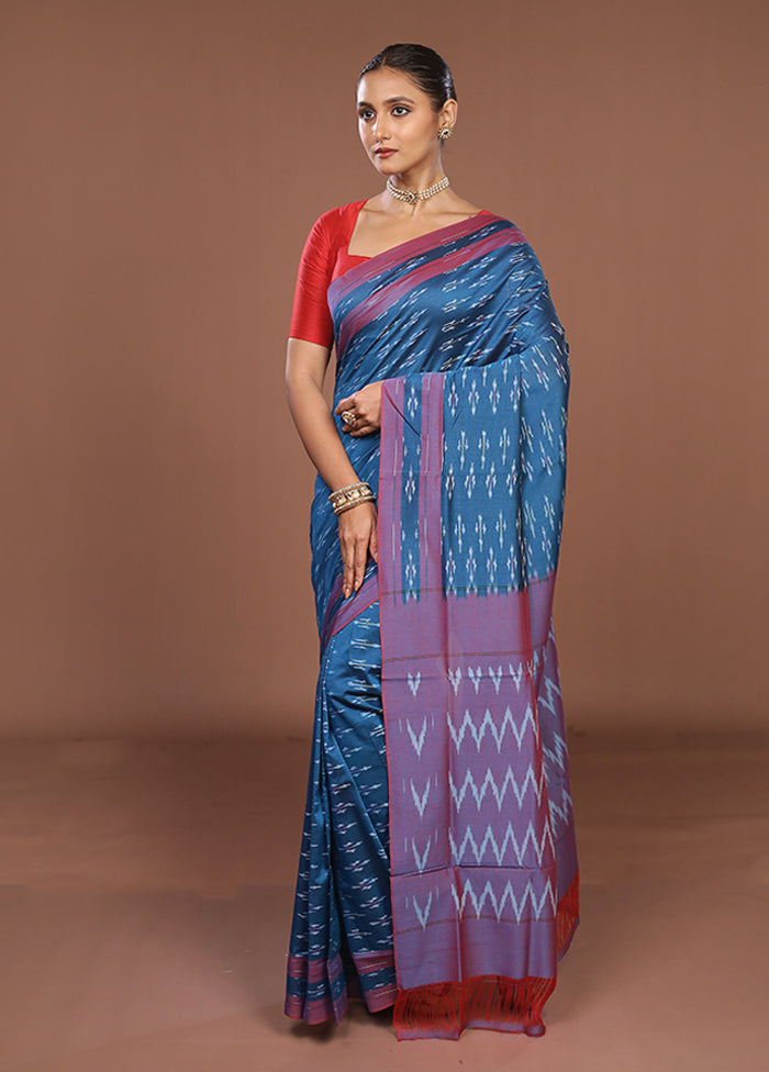 Blue Ikkat Silk Saree With Blouse Piece