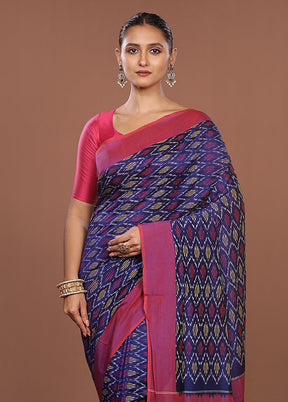 Blue Ikkat Silk Saree With Blouse Piece