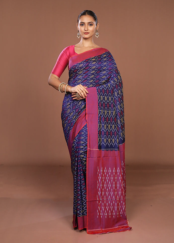 Blue Ikkat Silk Saree With Blouse Piece