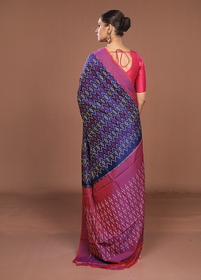 Blue Ikkat Silk Saree With Blouse Piece