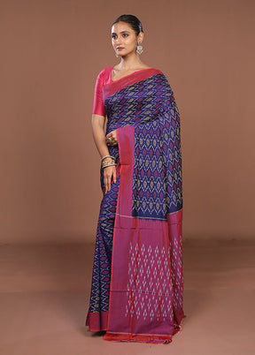 Blue Ikkat Silk Saree With Blouse Piece