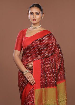 Red Ikkat Cotton Saree Without Blouse Piece