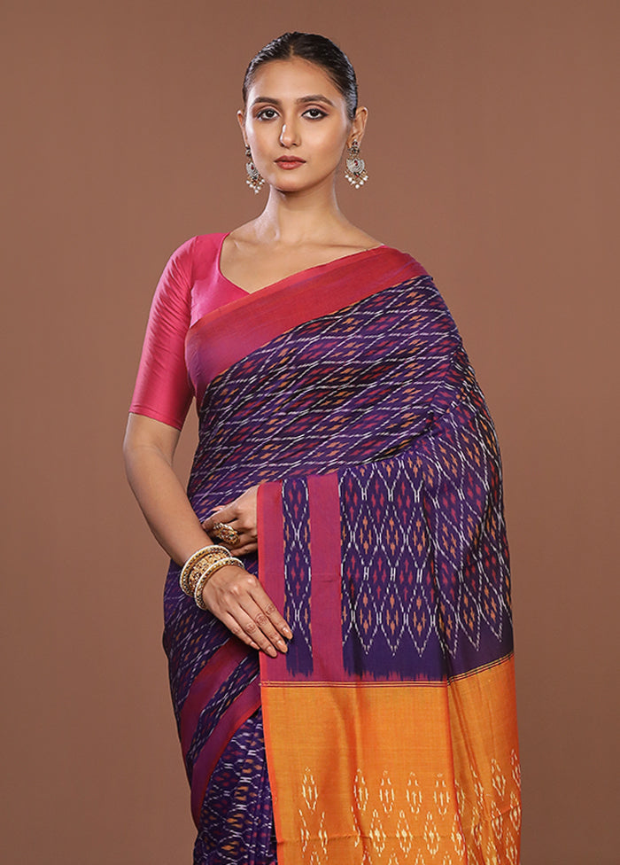 Blue Ikkat Silk Saree With Blouse Piece