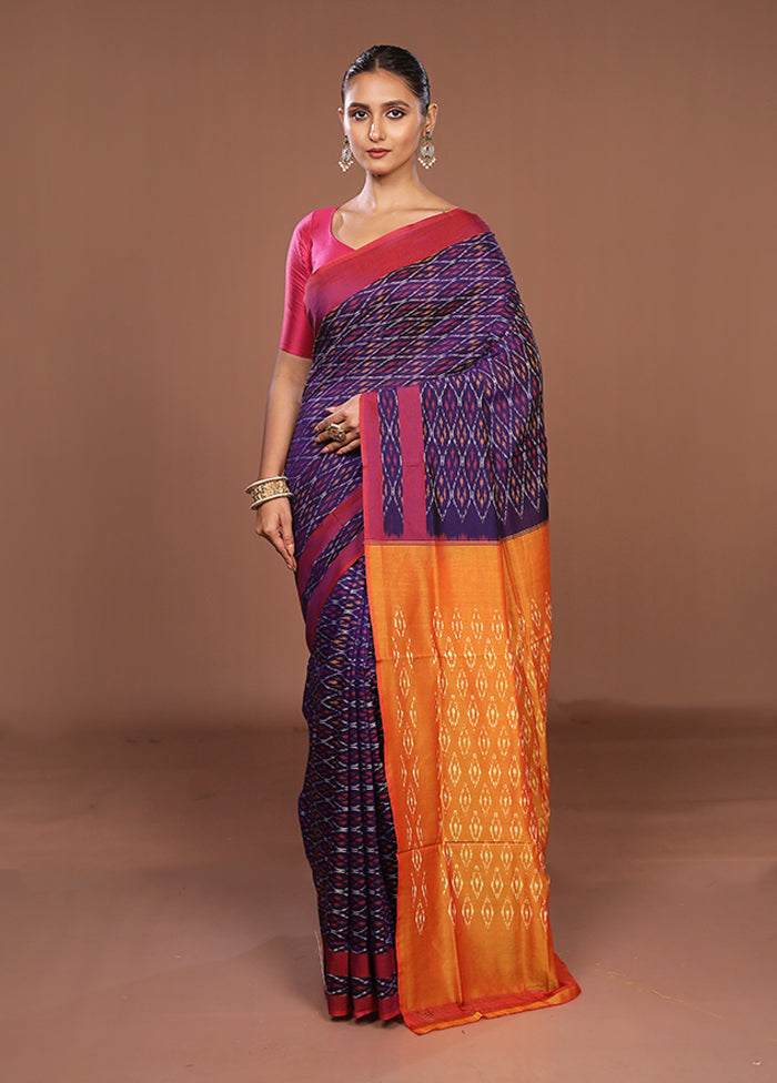 Blue Ikkat Silk Saree With Blouse Piece