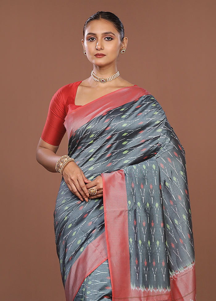 Grey Ikkat Silk Saree With Blouse Piece