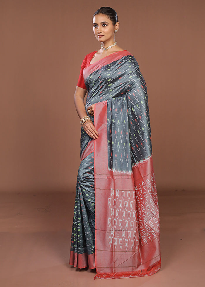 Grey Ikkat Silk Saree With Blouse Piece