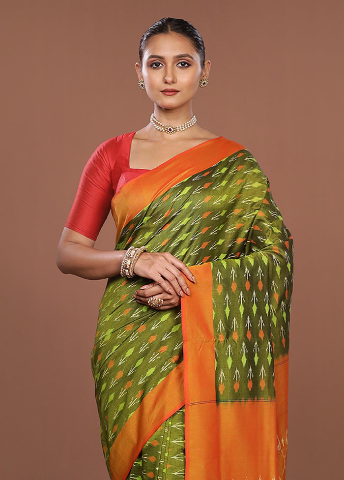 Green Ikkat Silk Saree With Blouse Piece