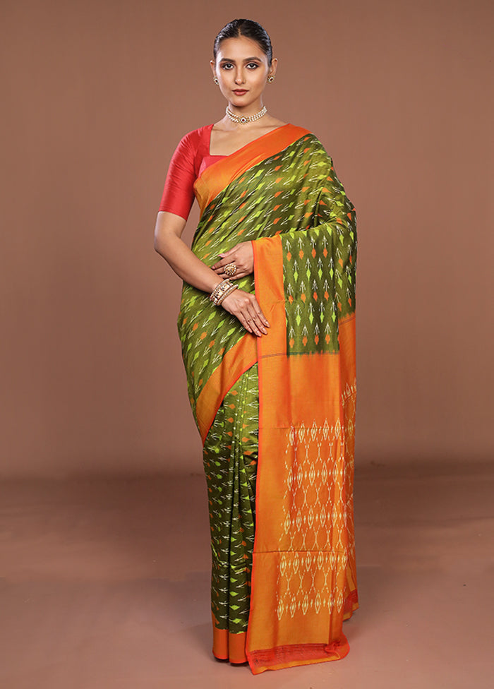Green Ikkat Silk Saree With Blouse Piece