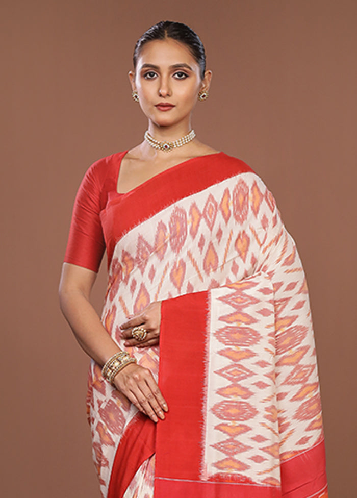 Red Ikkat Cotton Saree Without Blouse Piece