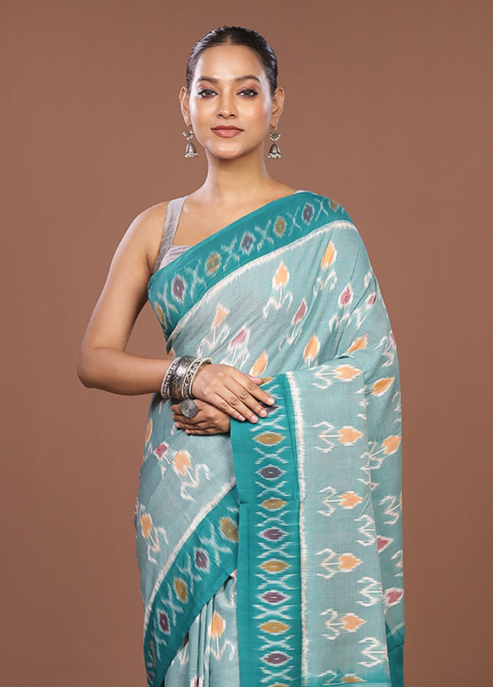 Sea Green Ikkat Cotton Saree Without Blouse Piece