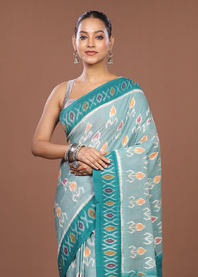 Sea Green Ikkat Cotton Saree Without Blouse Piece
