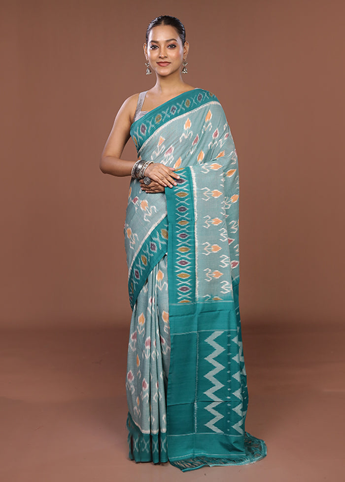Sea Green Ikkat Cotton Saree Without Blouse Piece