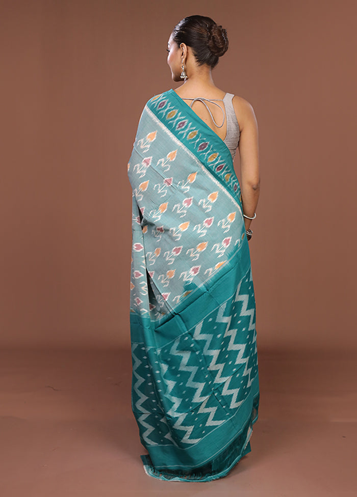 Sea Green Ikkat Cotton Saree Without Blouse Piece